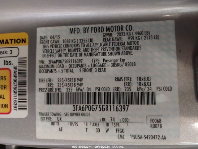 Photo 8 VIN: 3FA6P0G75GR116397 - FORD FUSION 