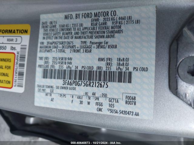 Photo 8 VIN: 3FA6P0G75GR212675 - FORD FUSION 