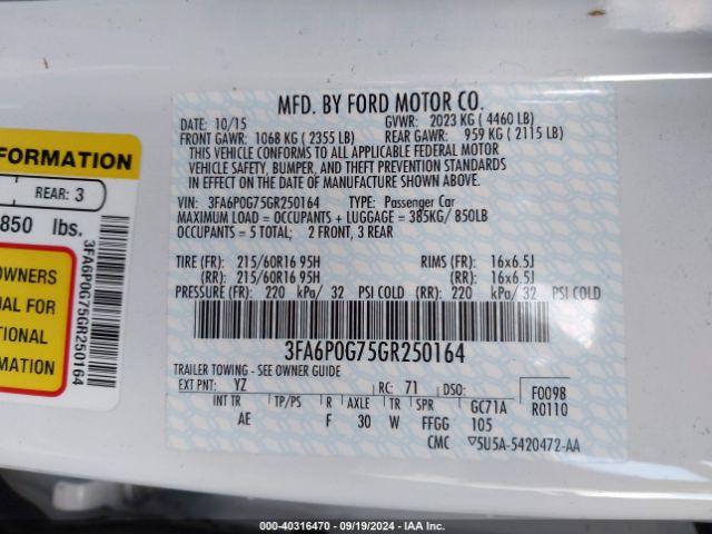 Photo 8 VIN: 3FA6P0G75GR250164 - FORD FUSION 