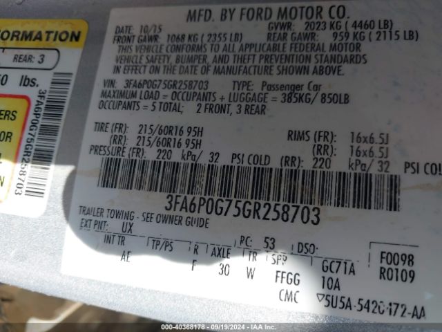 Photo 8 VIN: 3FA6P0G75GR258703 - FORD FUSION 