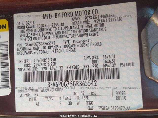 Photo 8 VIN: 3FA6P0G75GR365542 - FORD FUSION 