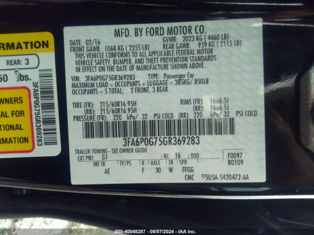 Photo 8 VIN: 3FA6P0G75GR369283 - FORD FUSION 