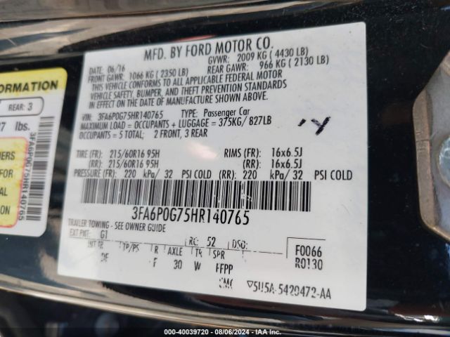 Photo 8 VIN: 3FA6P0G75HR140765 - FORD FUSION 