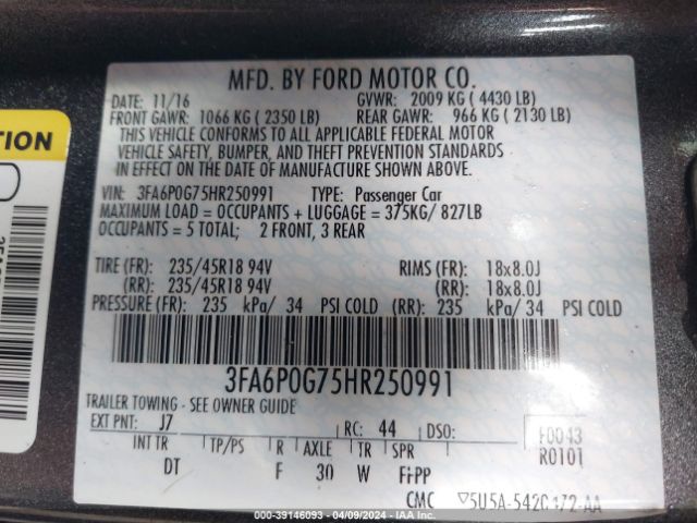 Photo 8 VIN: 3FA6P0G75HR250991 - FORD FUSION 