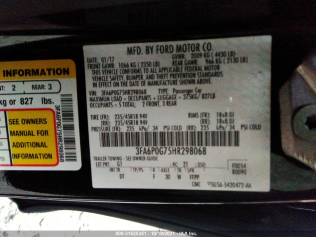 Photo 8 VIN: 3FA6P0G75HR298068 - FORD FUSION 