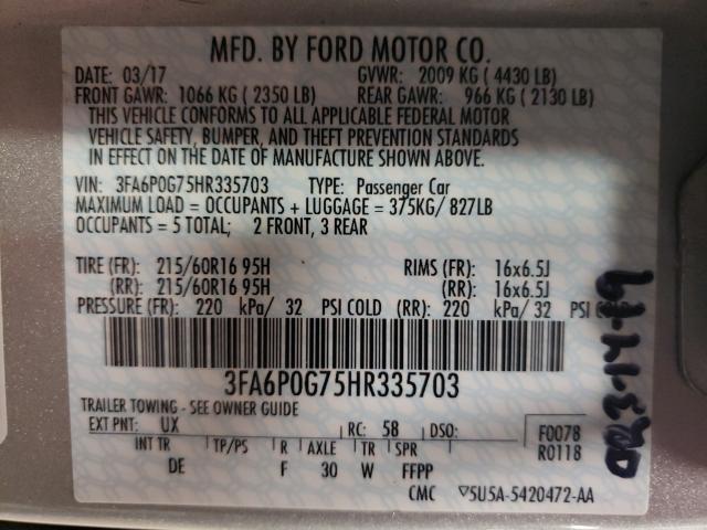 Photo 9 VIN: 3FA6P0G75HR335703 - FORD FUSION S 