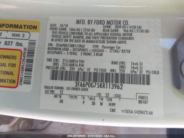 Photo 8 VIN: 3FA6P0G75KR113962 - FORD FUSION 