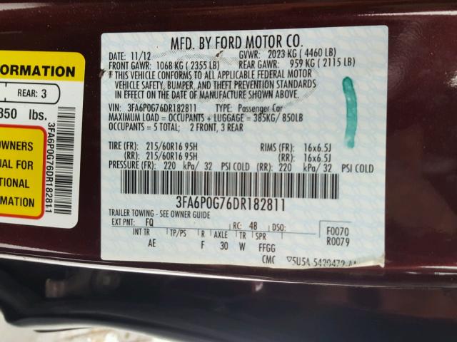 Photo 9 VIN: 3FA6P0G76DR182811 - FORD FUSION S 