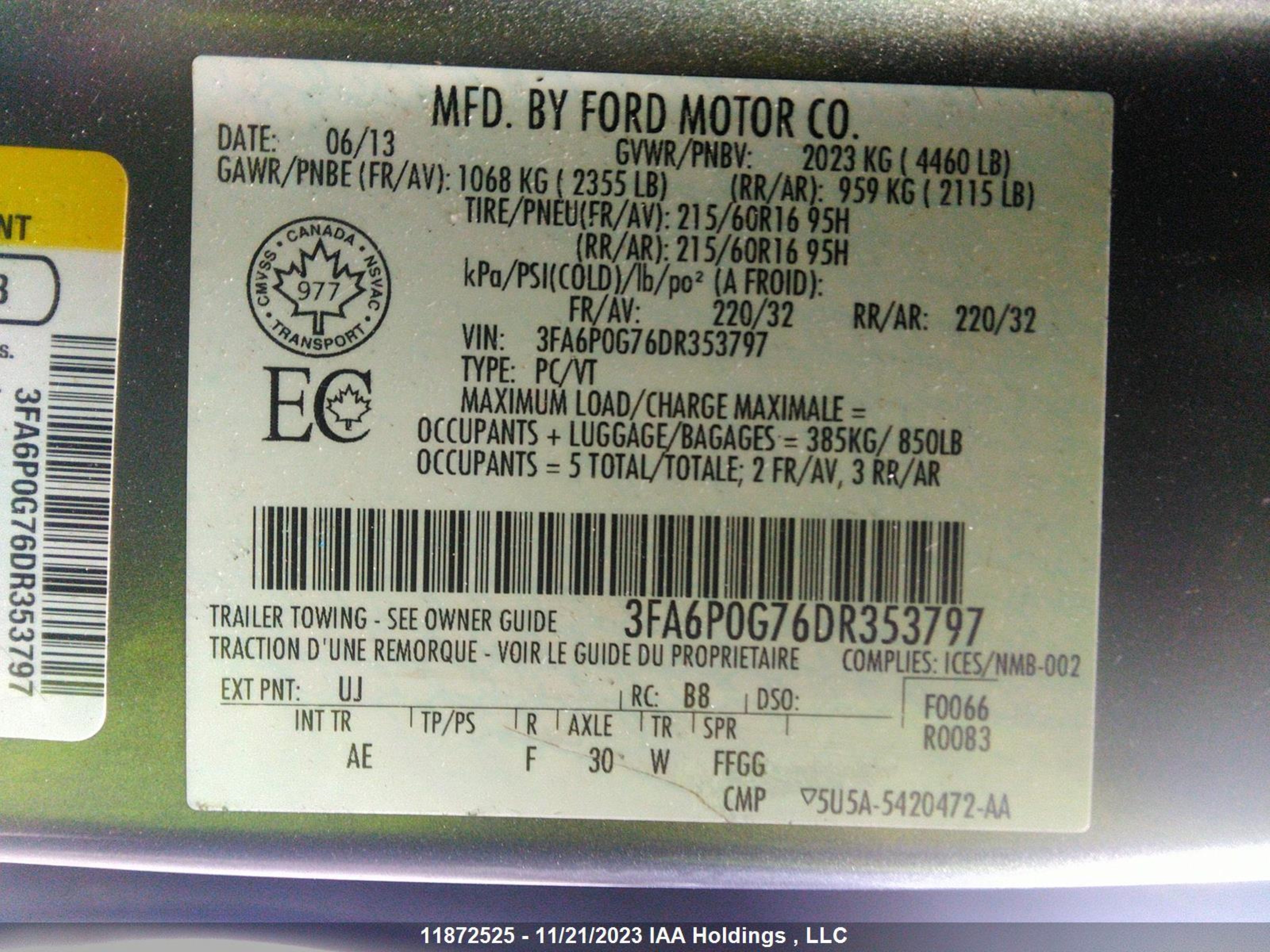 Photo 8 VIN: 3FA6P0G76DR353797 - FORD FUSION 