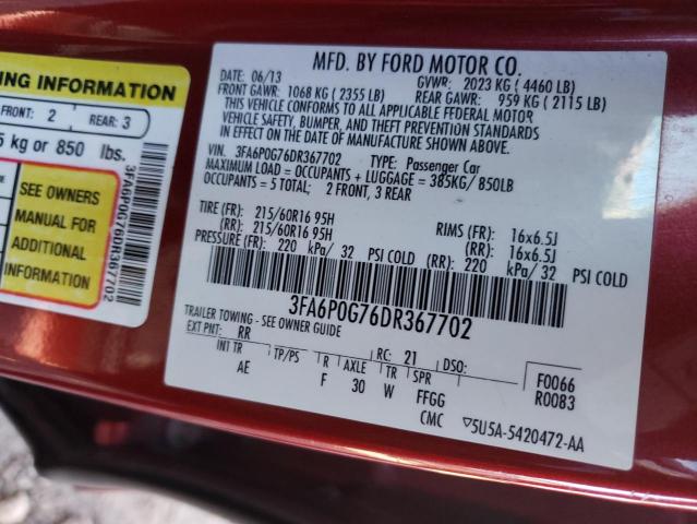 Photo 9 VIN: 3FA6P0G76DR367702 - FORD FUSION S 