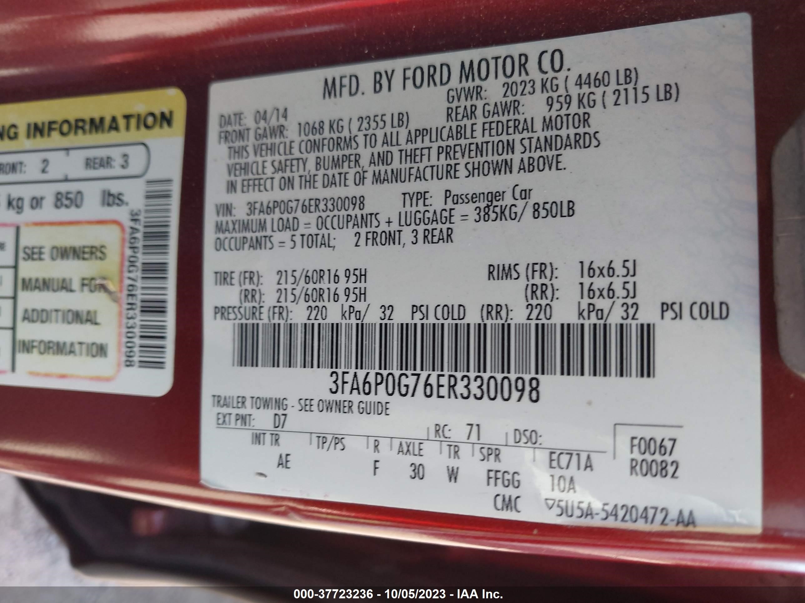 Photo 8 VIN: 3FA6P0G76ER330098 - FORD FUSION 