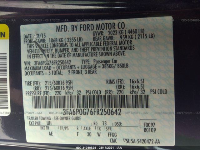 Photo 8 VIN: 3FA6P0G76FR250642 - FORD FUSION 