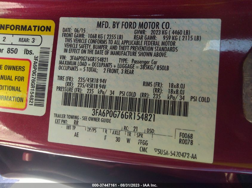 Photo 8 VIN: 3FA6P0G76GR154821 - FORD FUSION 