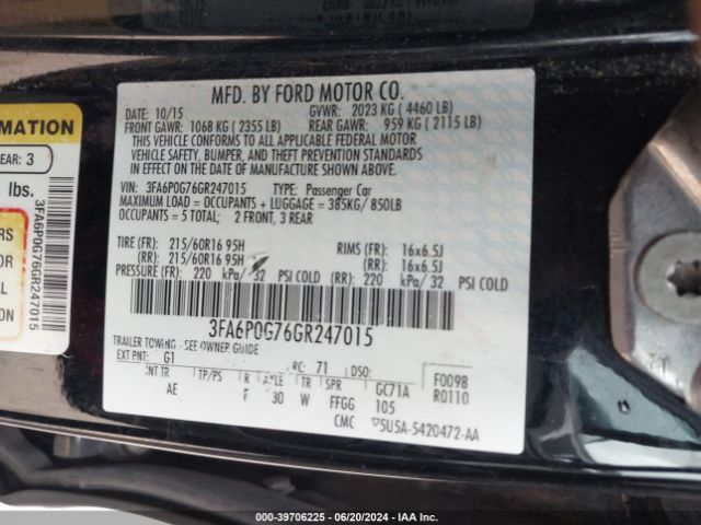 Photo 8 VIN: 3FA6P0G76GR247015 - FORD FUSION 