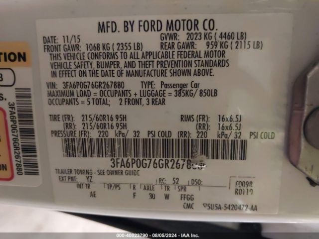 Photo 8 VIN: 3FA6P0G76GR267880 - FORD FUSION 