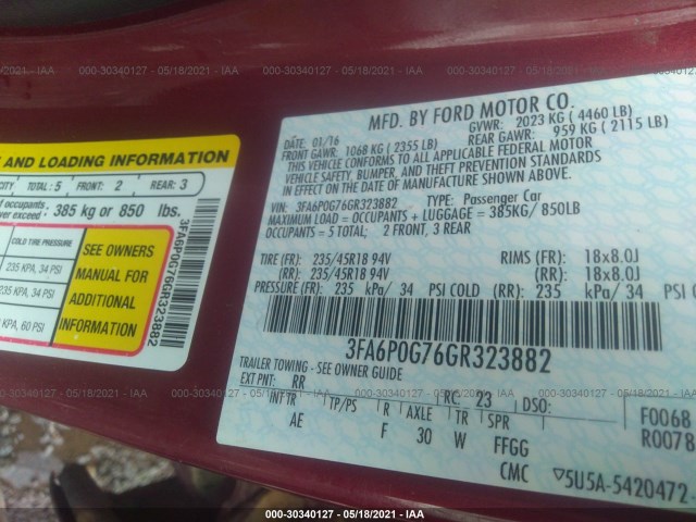 Photo 8 VIN: 3FA6P0G76GR323882 - FORD FUSION 