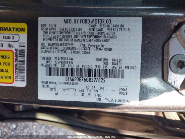 Photo 8 VIN: 3FA6P0G76GR327625 - FORD FUSION 