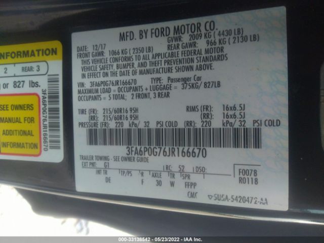 Photo 8 VIN: 3FA6P0G76JR166670 - FORD FUSION 