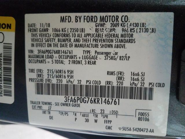 Photo 9 VIN: 3FA6P0G76KR146761 - FORD FUSION S 