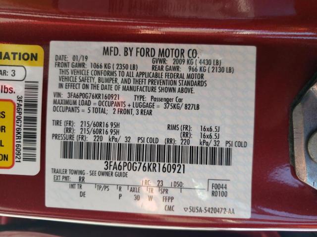 Photo 9 VIN: 3FA6P0G76KR160921 - FORD FUSION S 