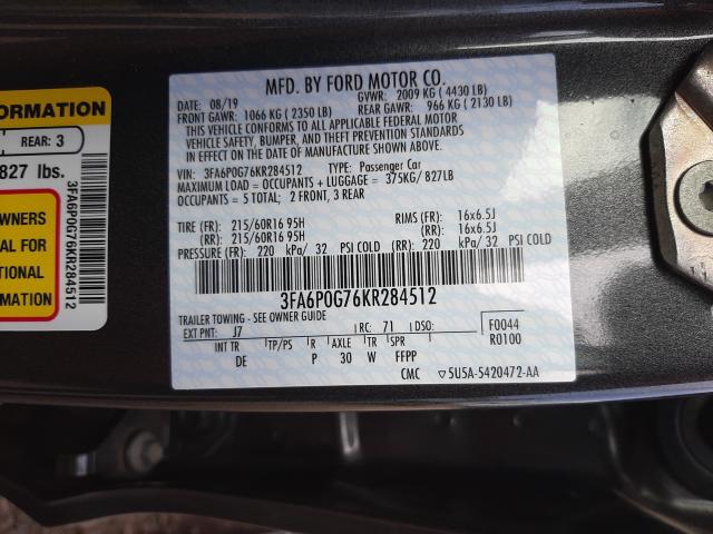 Photo 9 VIN: 3FA6P0G76KR284512 - FORD FUSION S 