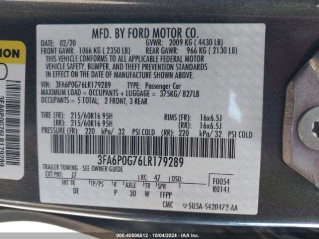 Photo 8 VIN: 3FA6P0G76LR179289 - FORD FUSION 