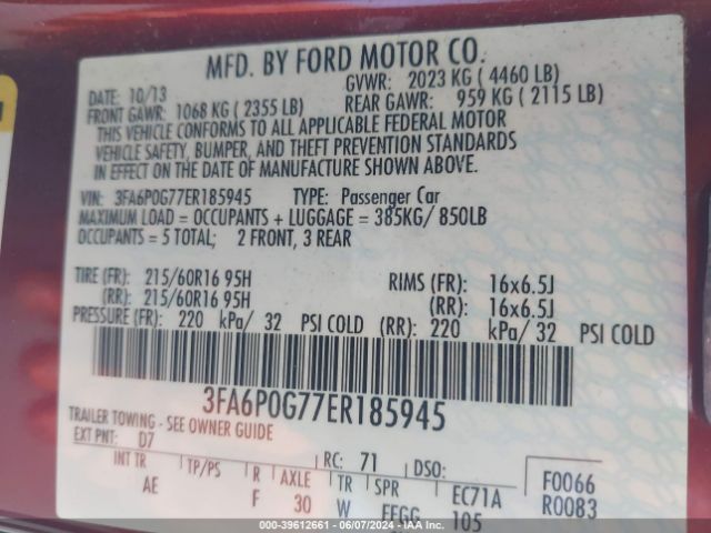 Photo 8 VIN: 3FA6P0G77ER185945 - FORD FUSION 