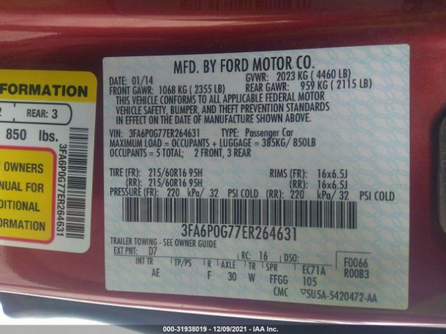 Photo 8 VIN: 3FA6P0G77ER264631 - FORD FUSION 