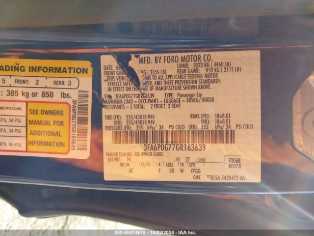 Photo 8 VIN: 3FA6P0G77GR163639 - FORD FUSION 