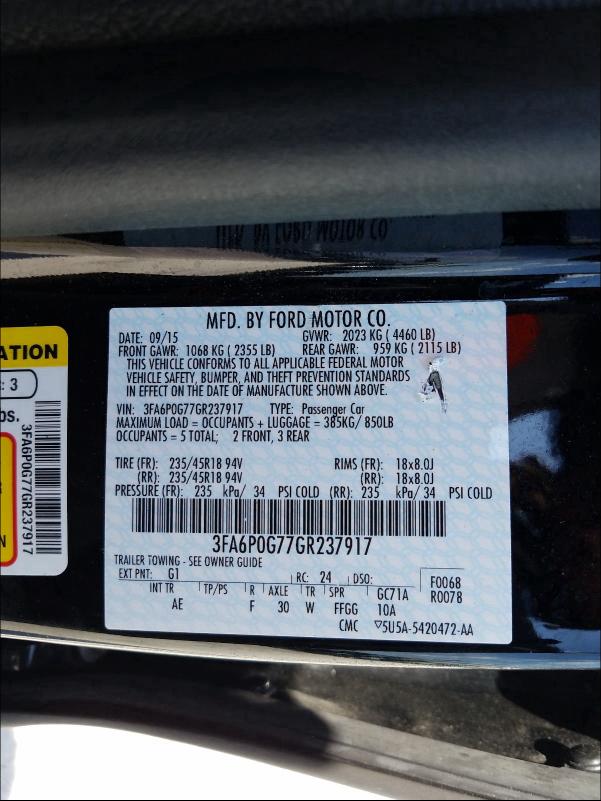 Photo 9 VIN: 3FA6P0G77GR237917 - FORD FUSION S 