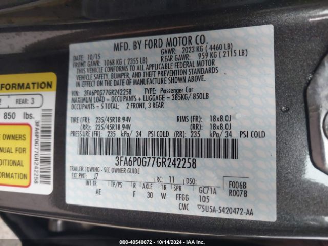 Photo 8 VIN: 3FA6P0G77GR242258 - FORD FUSION 