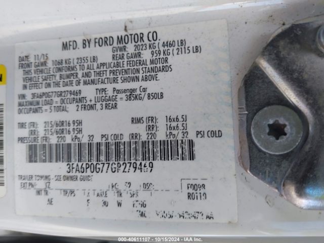 Photo 8 VIN: 3FA6P0G77GR279469 - FORD FUSION 