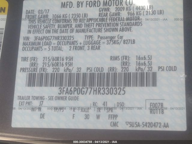 Photo 8 VIN: 3FA6P0G77HR330325 - FORD FUSION 