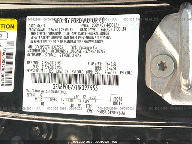 Photo 8 VIN: 3FA6P0G77HR397555 - FORD FUSION 