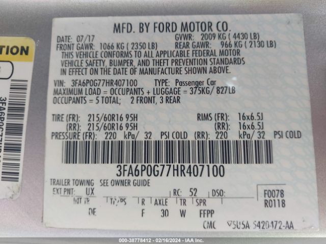 Photo 8 VIN: 3FA6P0G77HR407100 - FORD FUSION 