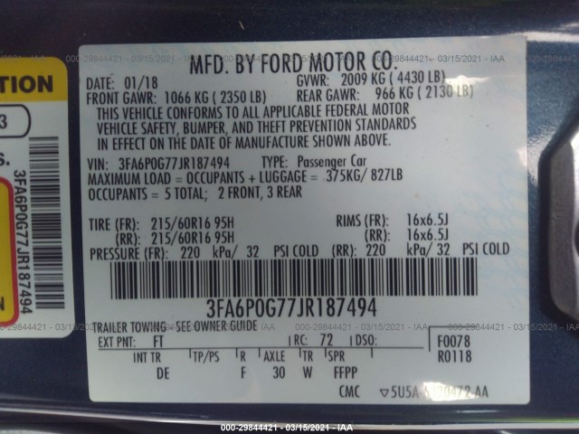 Photo 8 VIN: 3FA6P0G77JR187494 - FORD FUSION 