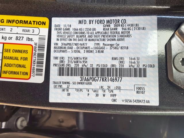 Photo 9 VIN: 3FA6P0G77KR146977 - FORD FUSION S 