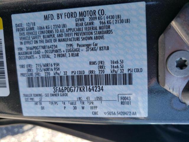 Photo 9 VIN: 3FA6P0G77KR164234 - FORD FUSION S 