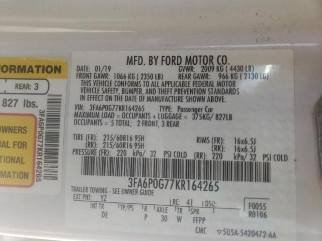 Photo 9 VIN: 3FA6P0G77KR164265 - FORD FUSION S 