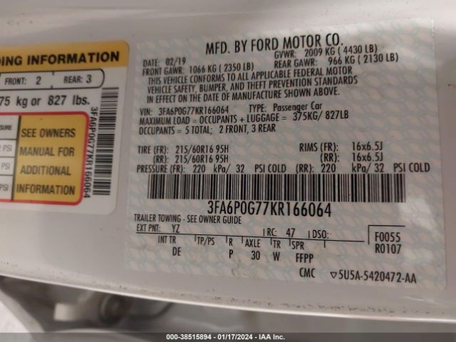 Photo 8 VIN: 3FA6P0G77KR166064 - FORD FUSION 