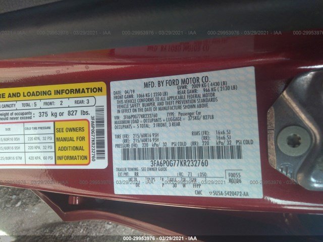 Photo 8 VIN: 3FA6P0G77KR232760 - FORD FUSION 