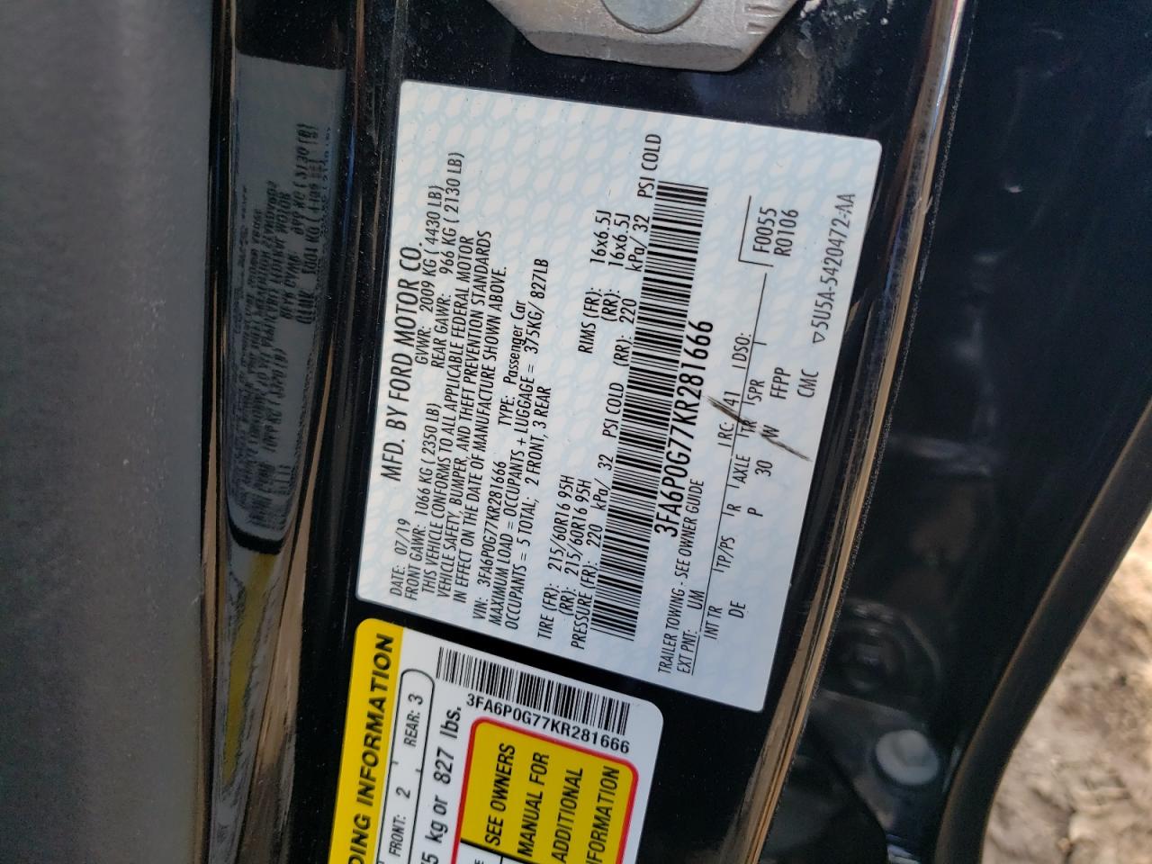 Photo 12 VIN: 3FA6P0G77KR281666 - FORD FUSION 