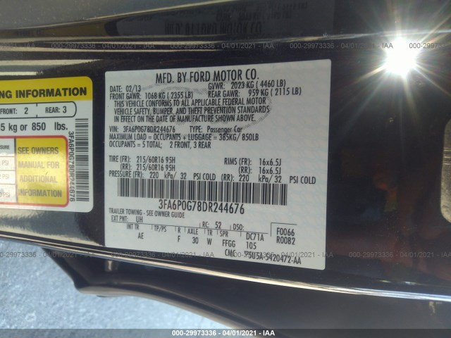 Photo 8 VIN: 3FA6P0G78DR244676 - FORD FUSION 