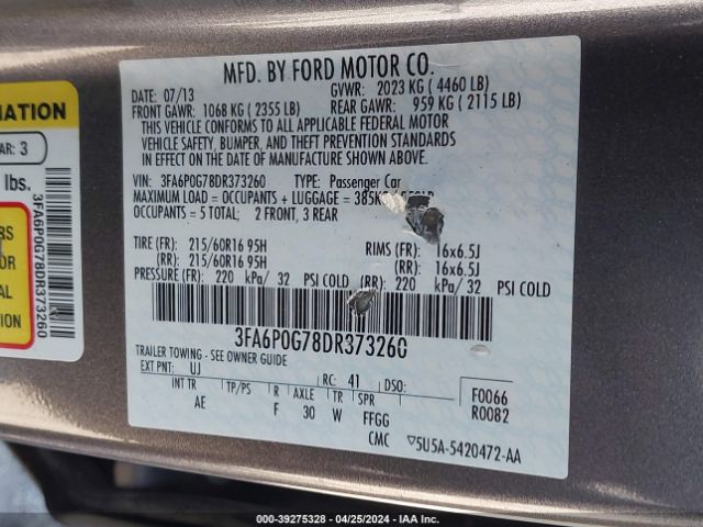 Photo 8 VIN: 3FA6P0G78DR373260 - FORD FUSION 