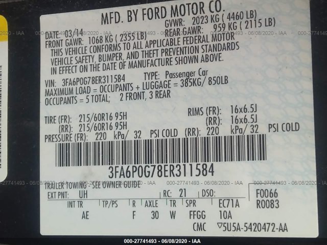 Photo 8 VIN: 3FA6P0G78ER311584 - FORD FUSION 