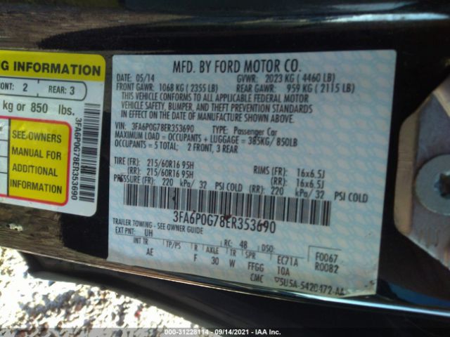 Photo 8 VIN: 3FA6P0G78ER353690 - FORD FUSION 