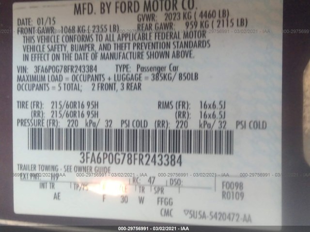 Photo 8 VIN: 3FA6P0G78FR243384 - FORD FUSION 