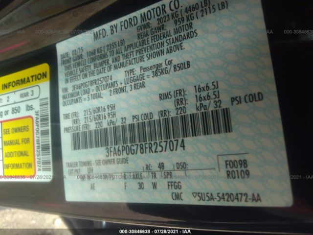 Photo 8 VIN: 3FA6P0G78FR257074 - FORD FUSION 