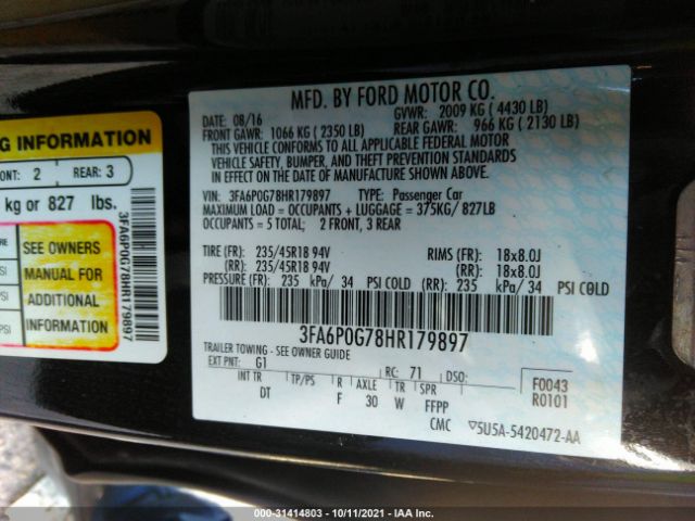 Photo 8 VIN: 3FA6P0G78HR179897 - FORD FUSION 