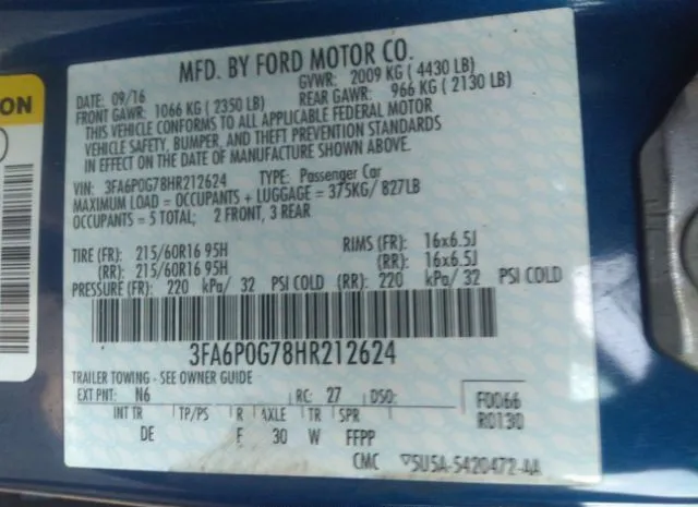 Photo 8 VIN: 3FA6P0G78HR212624 - FORD FUSION 